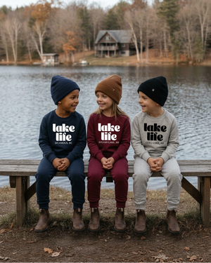 Angled bench photo highlighting the lake life crewnecks
