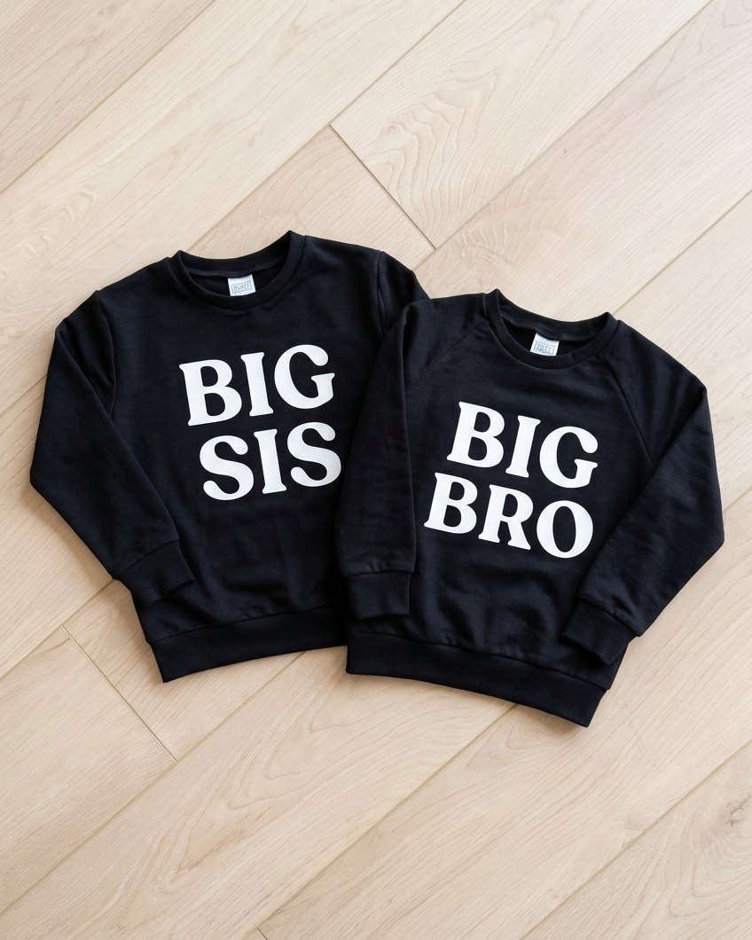 BIG SIS and BIG BRO crewnecks with stacked white lettering