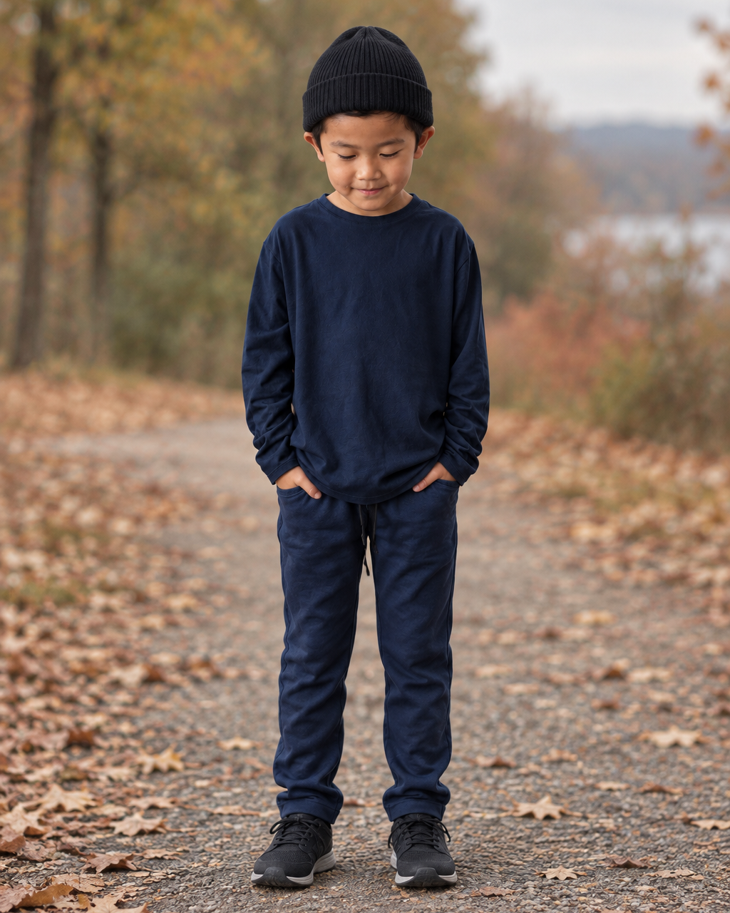 Boy in navy clothing and a black beanie looking down in a muted fall setting