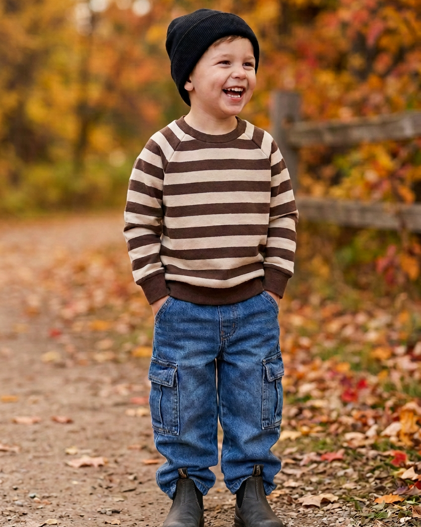 Boy in wider cargo jeans and dark grey boots with extra cropping space