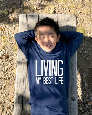 Boy reclining on the bench in rich navy with white lettering