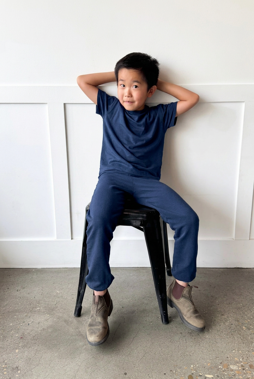 Boy seated on a stool wearing a matching navy shirt and pants