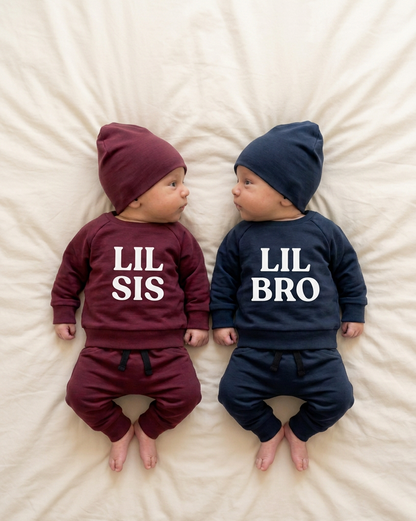 Three-year-old BIG SIS and one-year-old LIL SIS in crewnecks