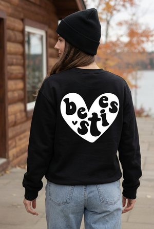 Close-up of the Besties heart back print