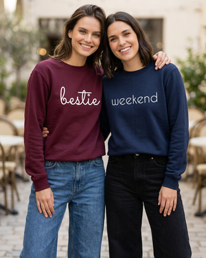 Closer view of custom bestie and weekend crewnecks