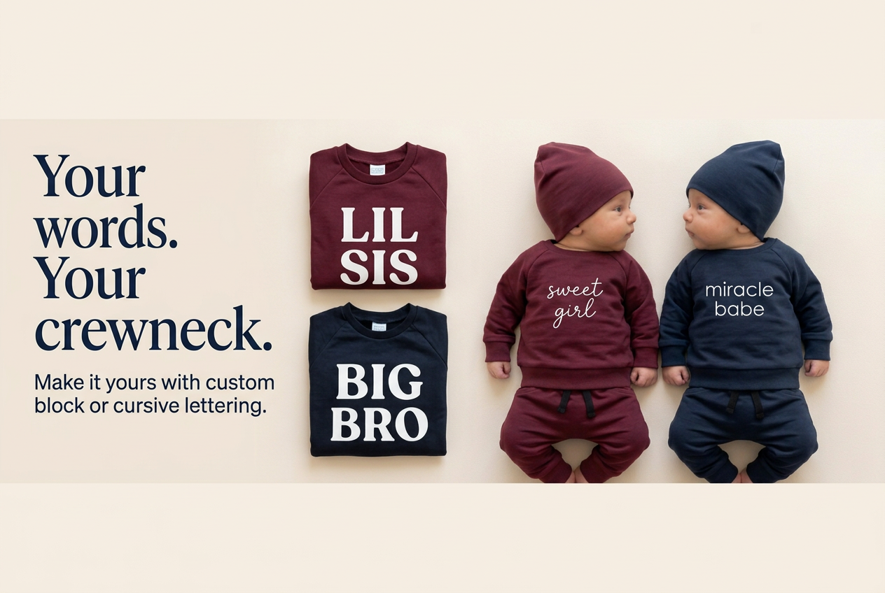 Custom crewneck slide with personalized baby outfits and folded sibling crewnecks