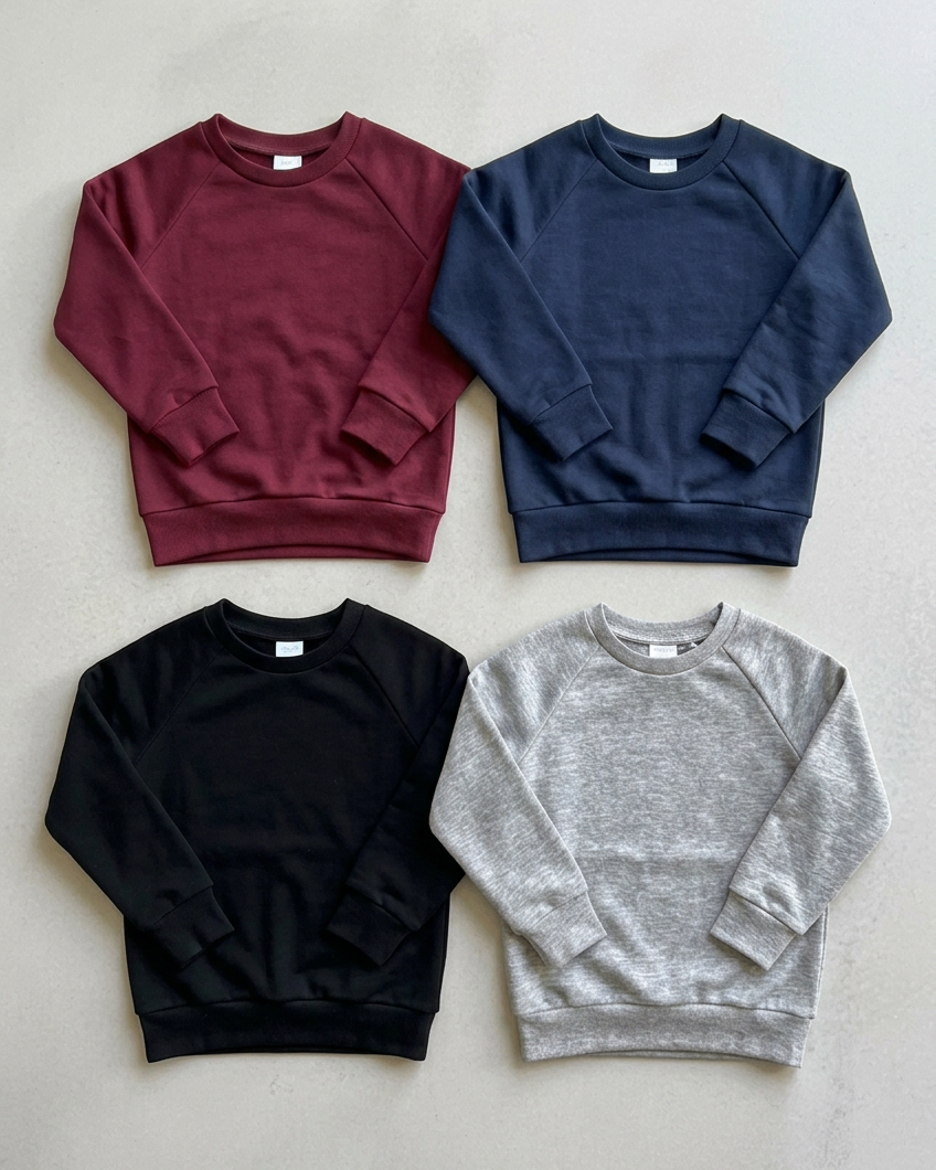Three boys wearing navy, black, and burgundy Boys Club sweaters on a modern street in fall