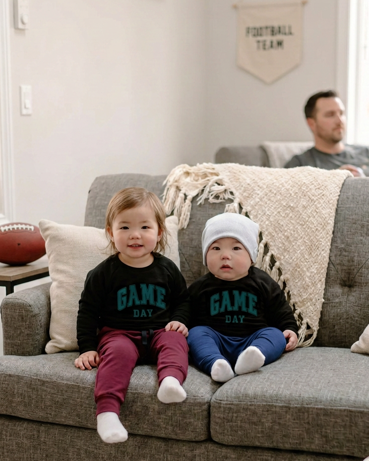 Game-day couch photo with the boy’s pants matched to the navy reference