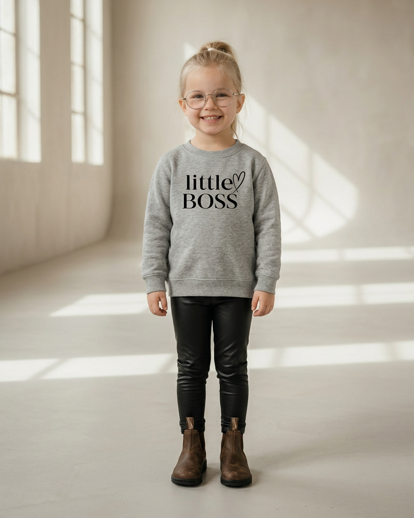 Girl standing in a heather-grey little BOSS sweater, faux-leather leggings, and Blundstones