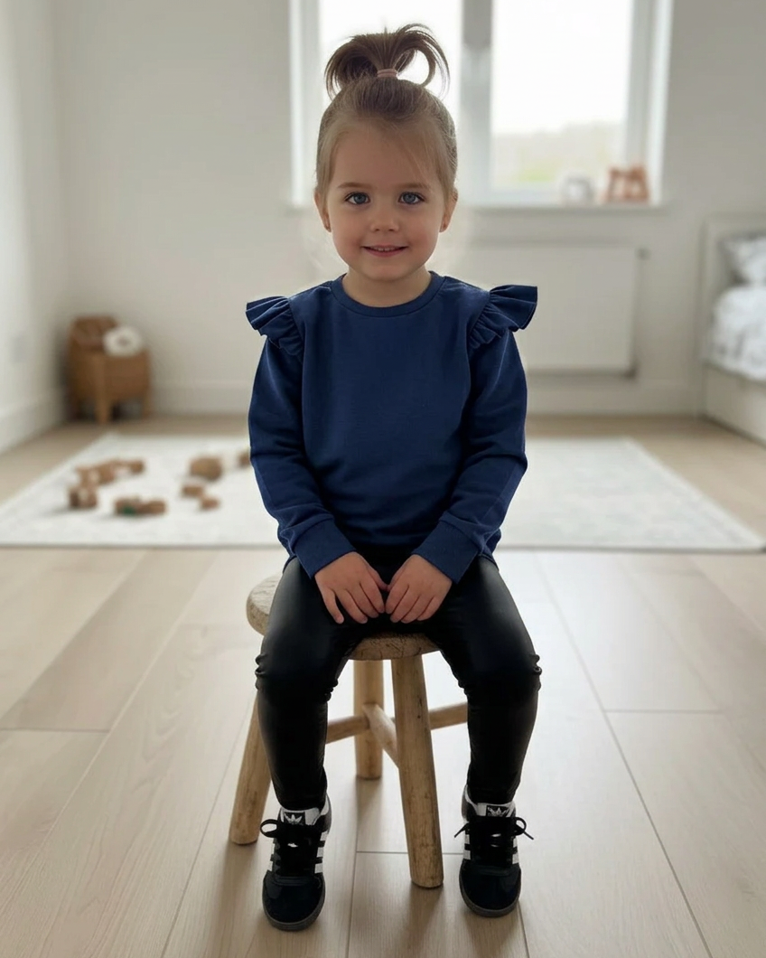 Girl wearing a navy ruffled shirt