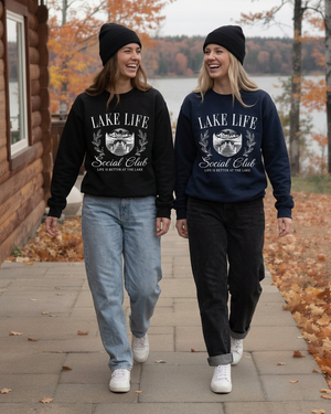 Left-angle view of women in Lake Life crewnecks
