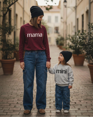 Mom with unchanged mama print and daughter with black mini lettering