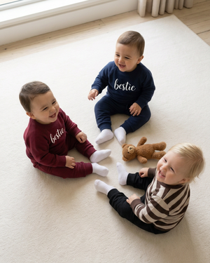 Navy and burgundy babies with white bestie prints