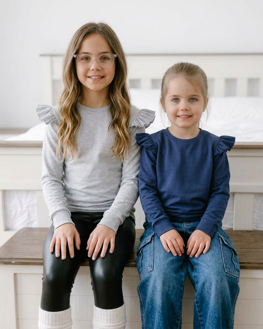 Older girls seated on the bench in Cynthia crewnecks, cropped above their feet