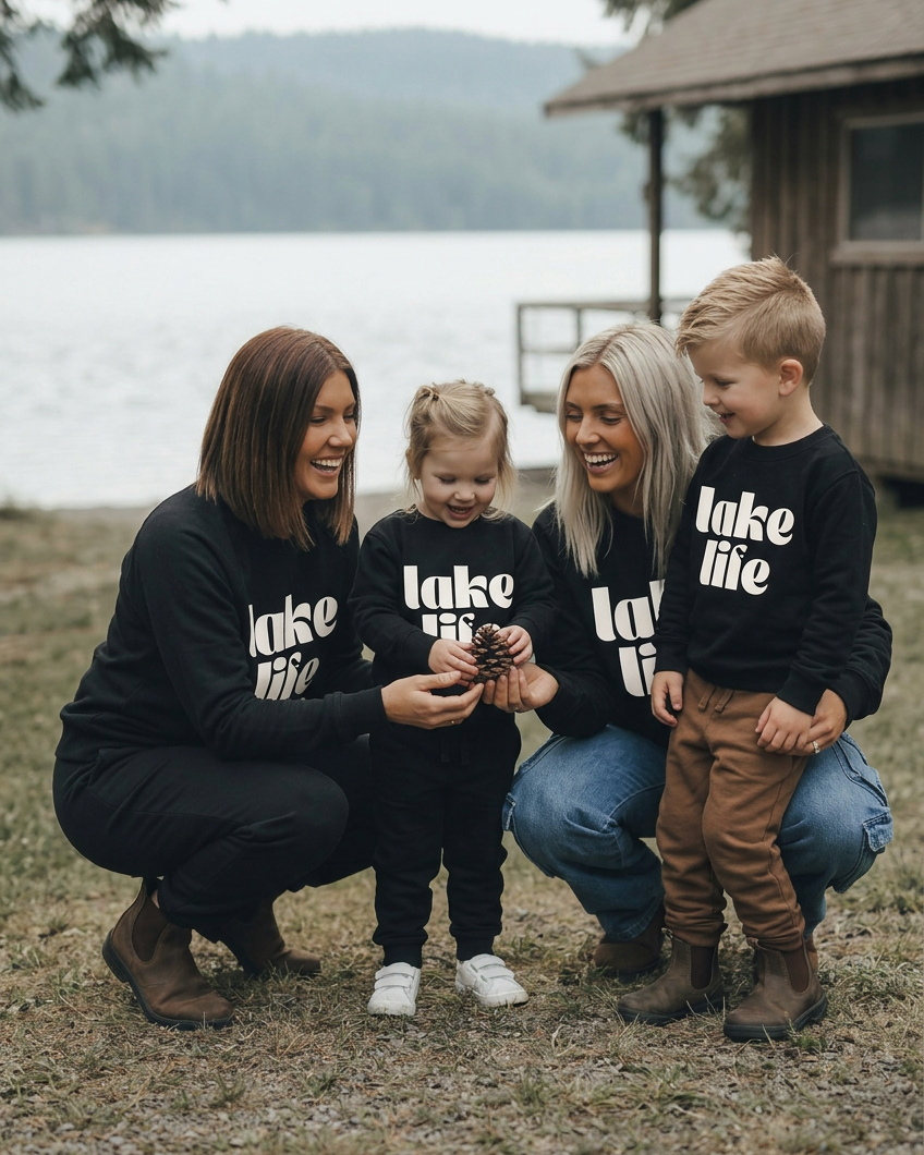 Playful family moment by the lakeshore