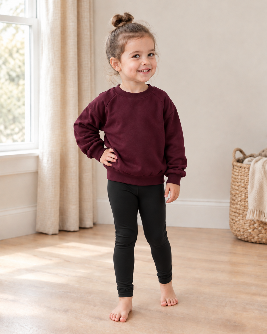 Little girl in brown-striped leggings and a slouchy black sweater