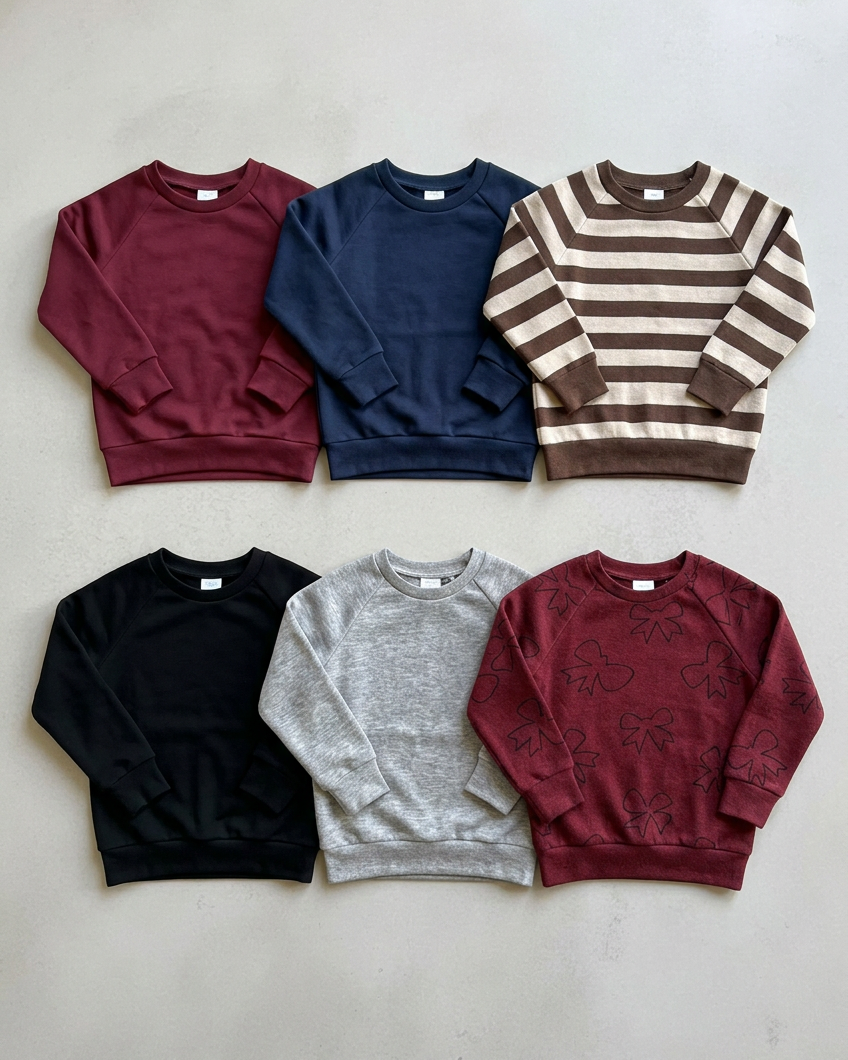 Boy and girl seated together in navy and burgundy Kind Kids Club crewnecks with white lettering, black beanies, and brown Chelsea boots