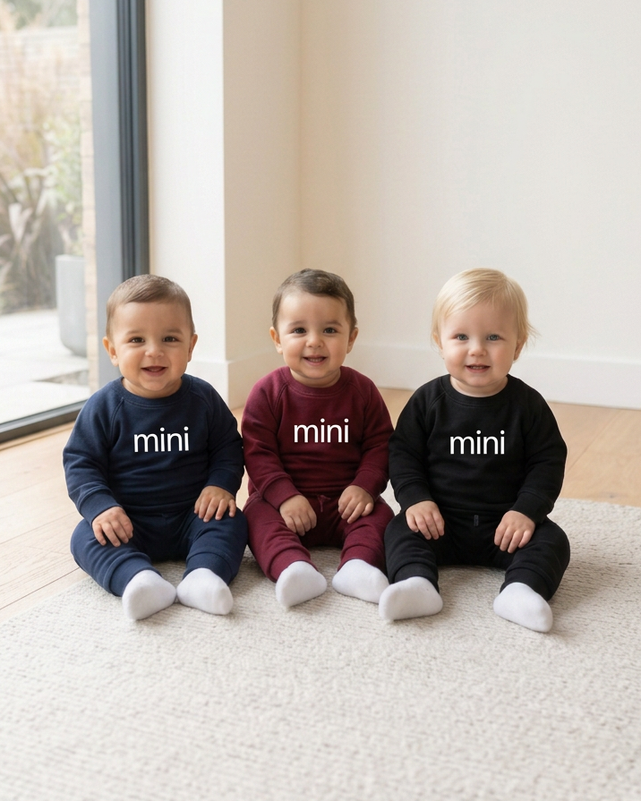 Three babies with white mini lettering
