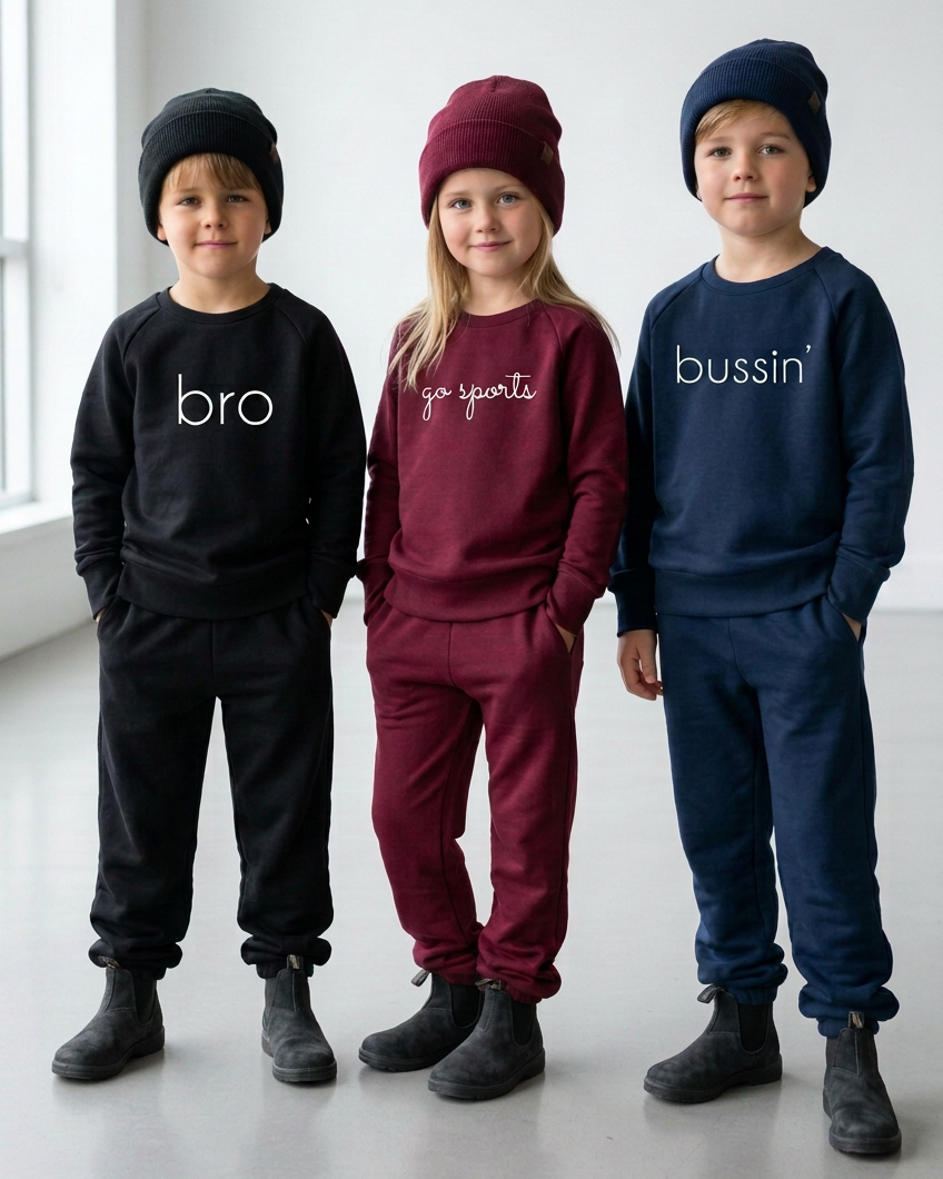 Three kids wearing matte charcoal-grey suede Blundstones