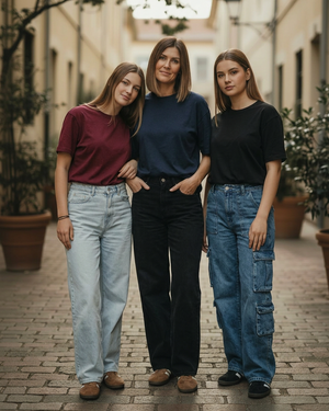 Three women styled in burgundy, navy, and black tees with light-wash wide-leg jeans, black wide-leg jeans, and baggy blue cargo denim