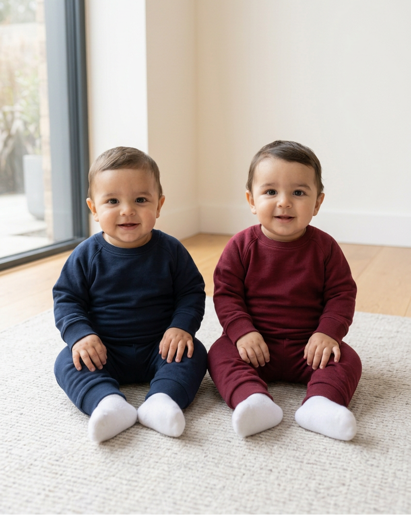 Baby in navy auntie’s bestie sweater with black-and-white socks