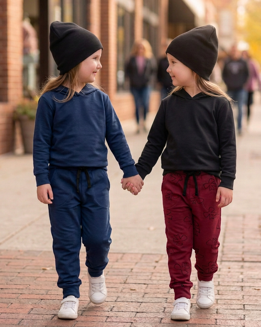 Boy walking on an autumn path in a navy hoodie and black slouchy beanie