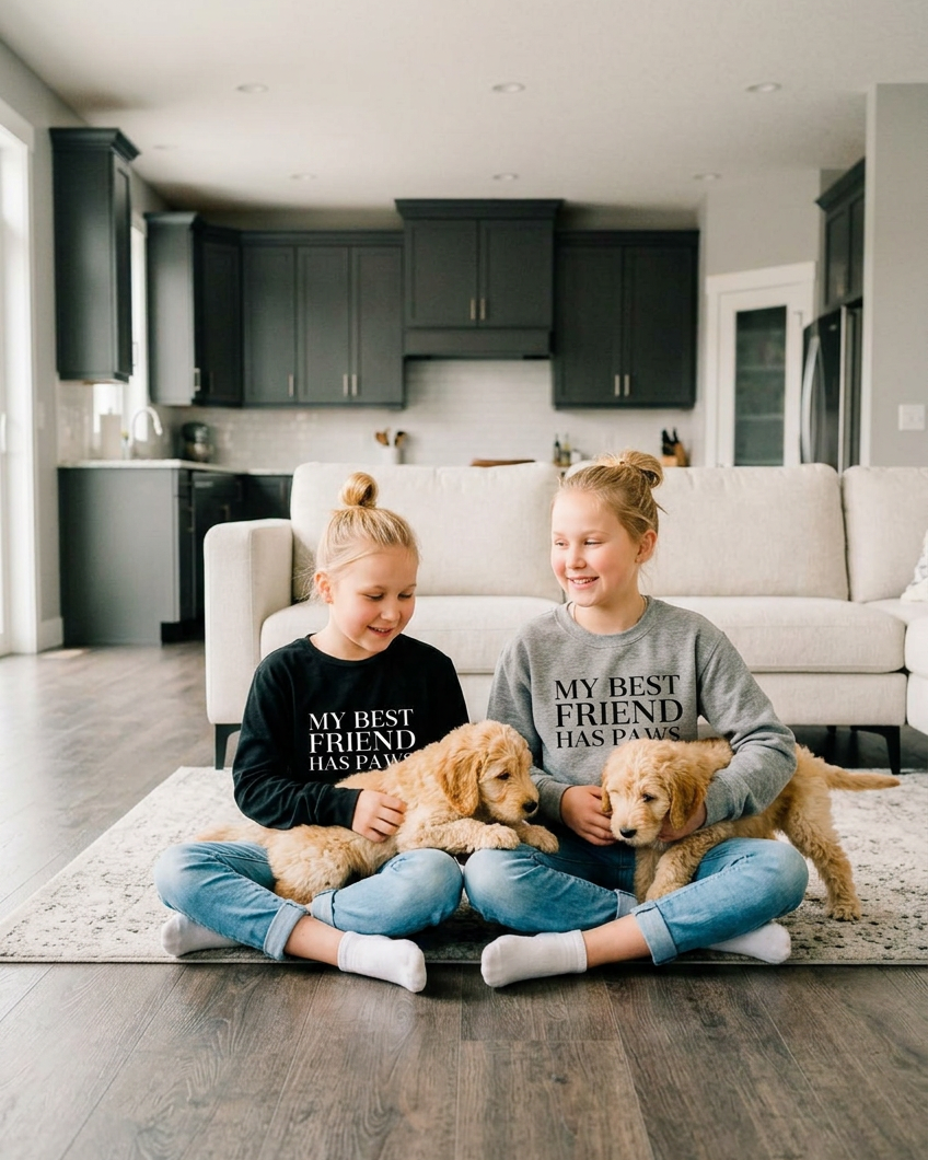Two sisters sitting with goldendoodle puppies in matching paws crewnecks
