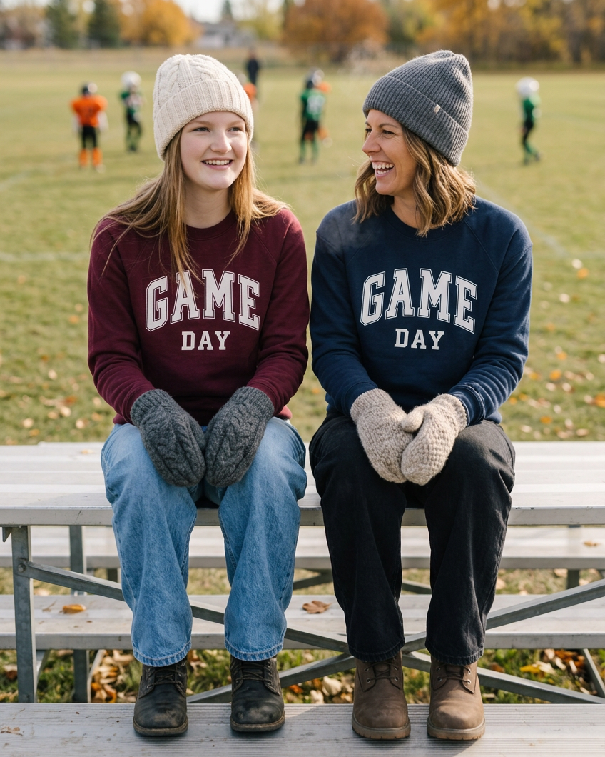 Mom wearing the navy Game Day crewneck sweater