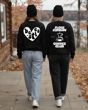 Women walking away with Besties and Coffee Club back prints