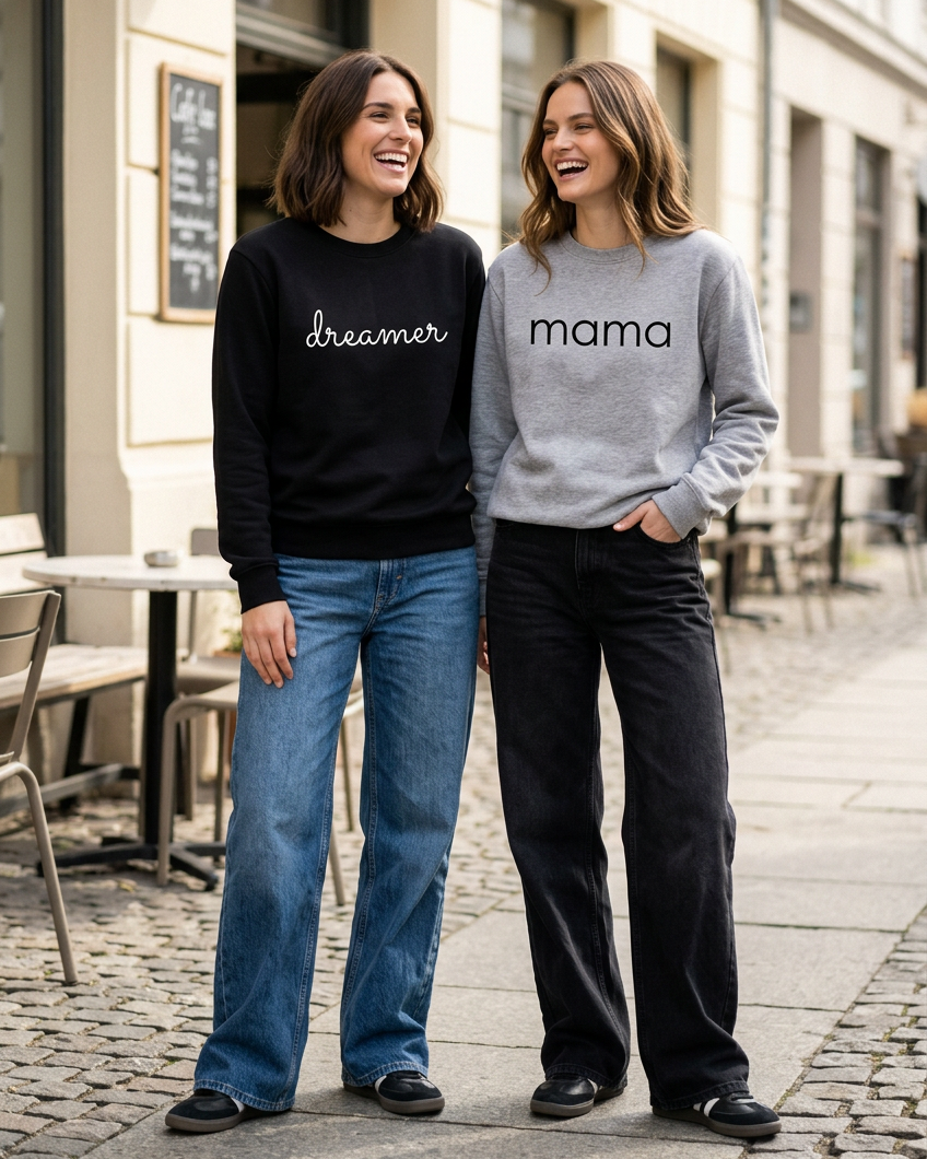 Women wearing custom dreamer and mama crewnecks
